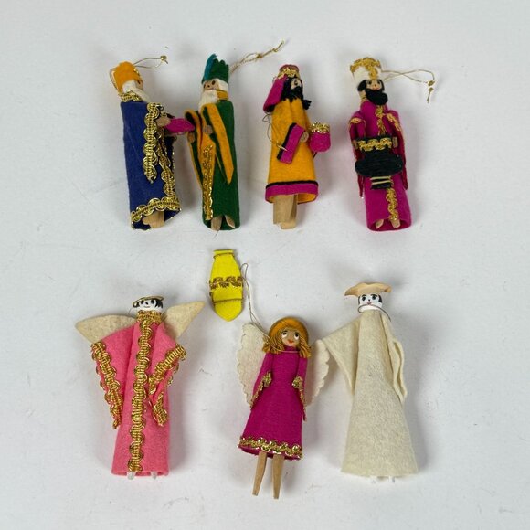 Set Of 7 Handcrafted Clothespin Ornaments Wise Men Angels Nativity Figures Uniqu - Picture 1 of 5